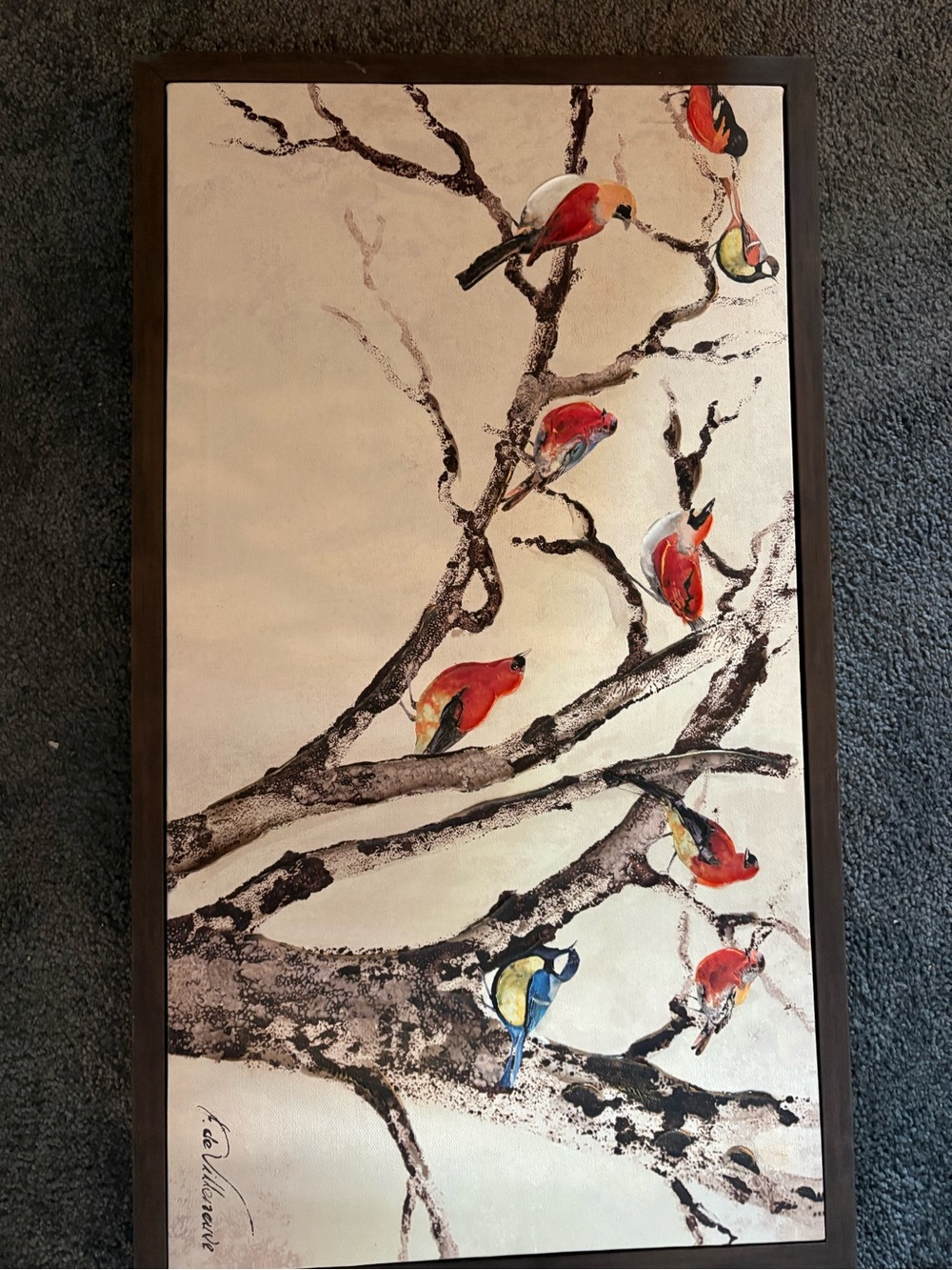 Framed Bird Canvas Wall Art - Red, Blue, Yellow Birds on Branch